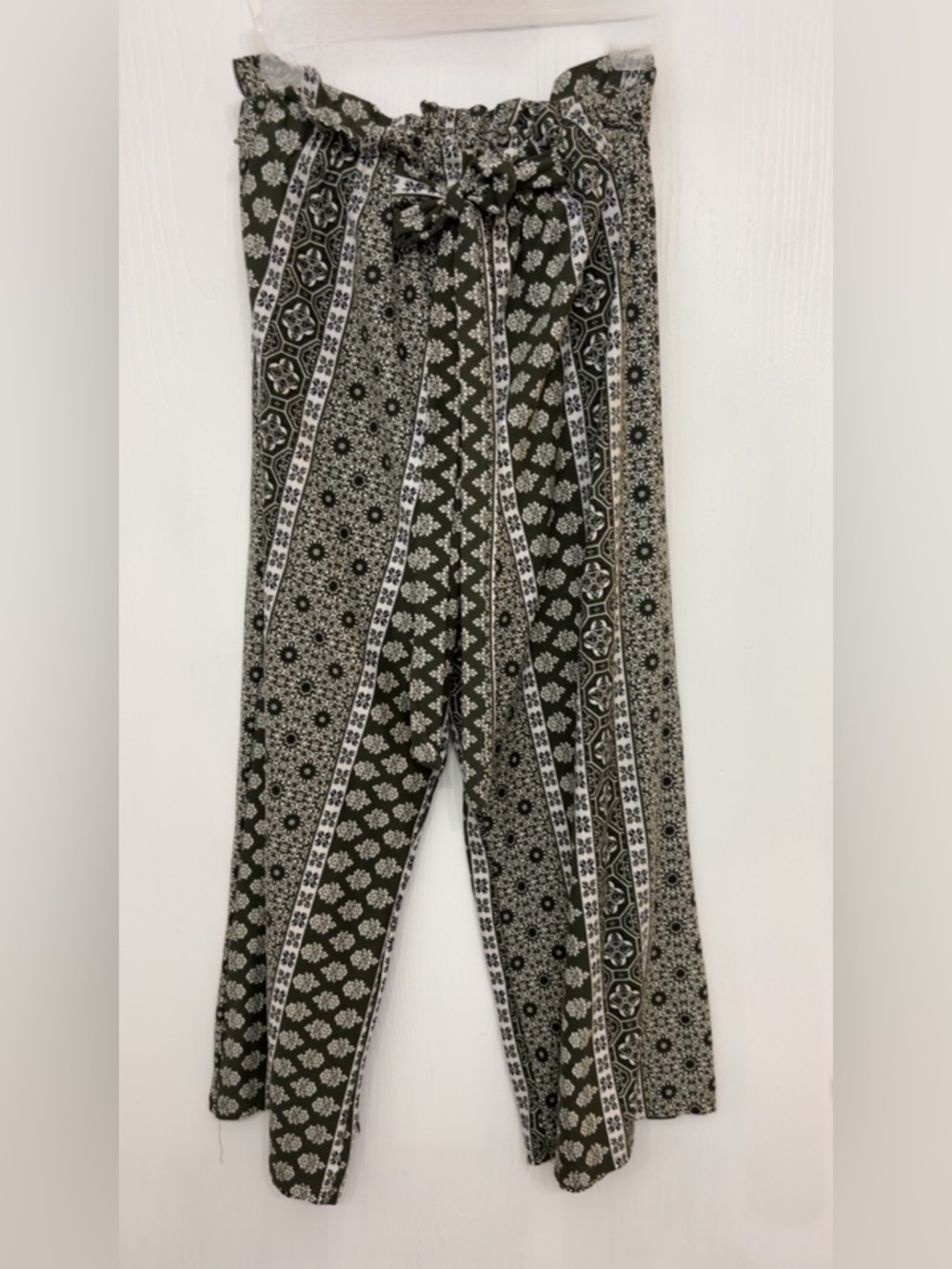 LA Gypsy Printed Olive Wide-Leg Paperbag Pants with Tie Waist